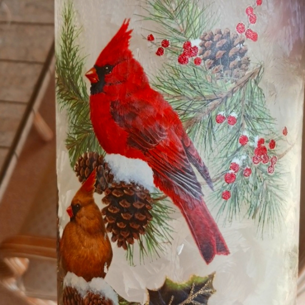 Holiday hurricane/vase 8" frosted glass w/ cardinals, by Valeri/Qvc,w-lights,New - Picture 6 of 16